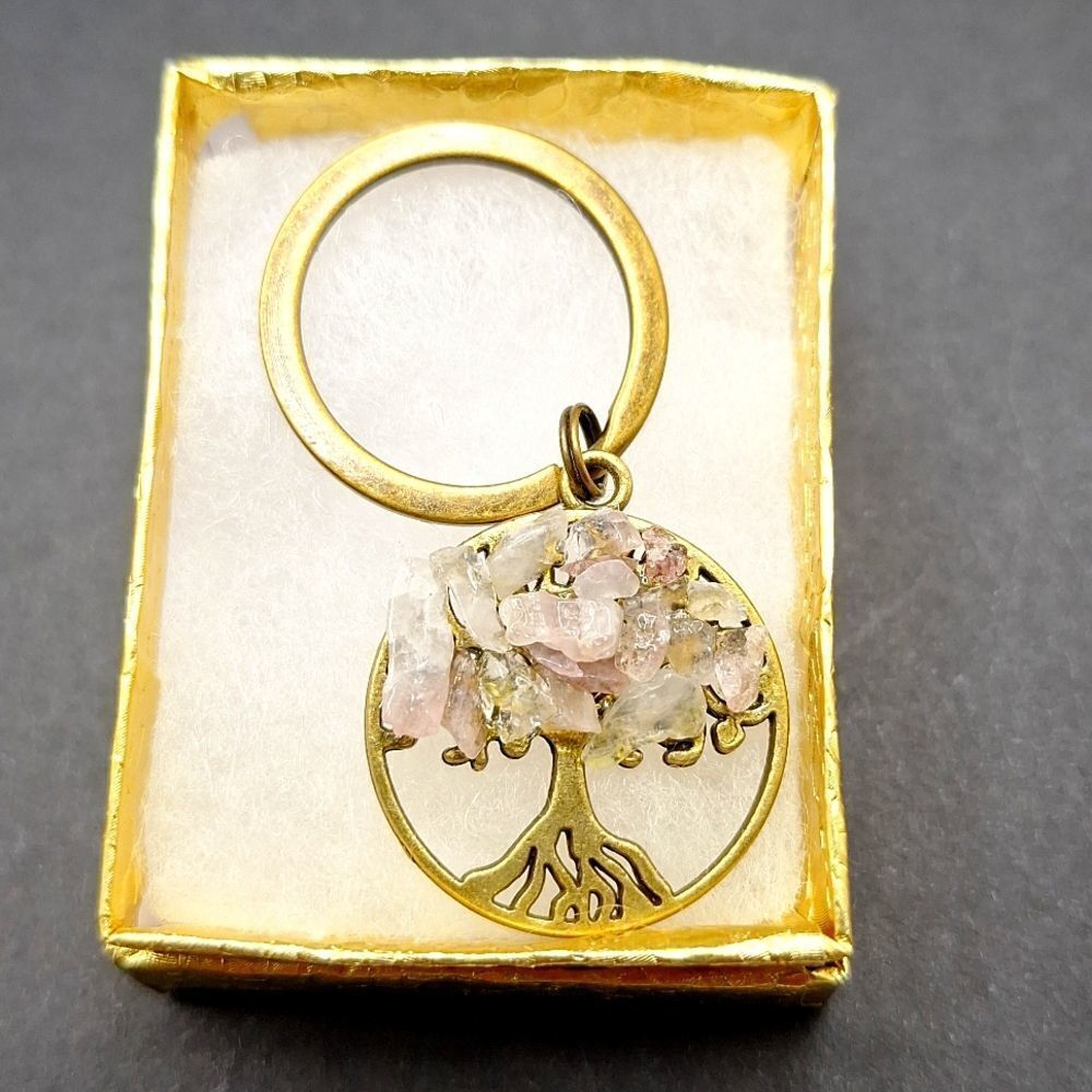 Rose quartz tree of life keychain bronze keyring